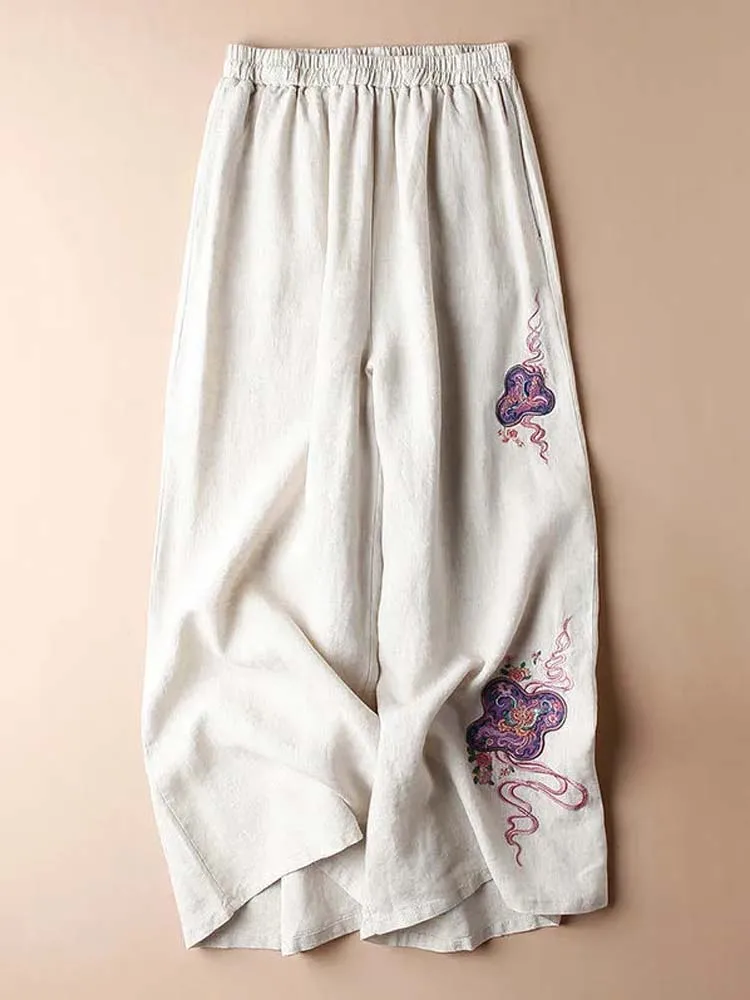 2022 Нови летни памучни широки панталони за крака Дамска висока талия Свободна пълна дължина Ежедневни панталони Женски удобни панталони
