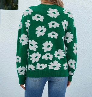 2023 есен зима темперамент пътуване кръг врата фенер ръкав плетене пуловери пуловер цвете печат пуловер за жени