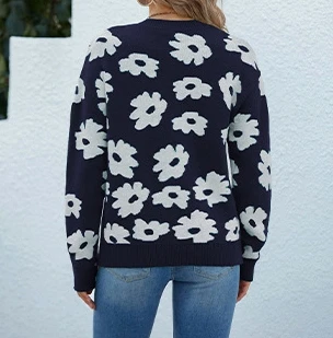 2023 есен зима темперамент пътуване кръг врата фенер ръкав плетене пуловери пуловер цвете печат пуловер за жени