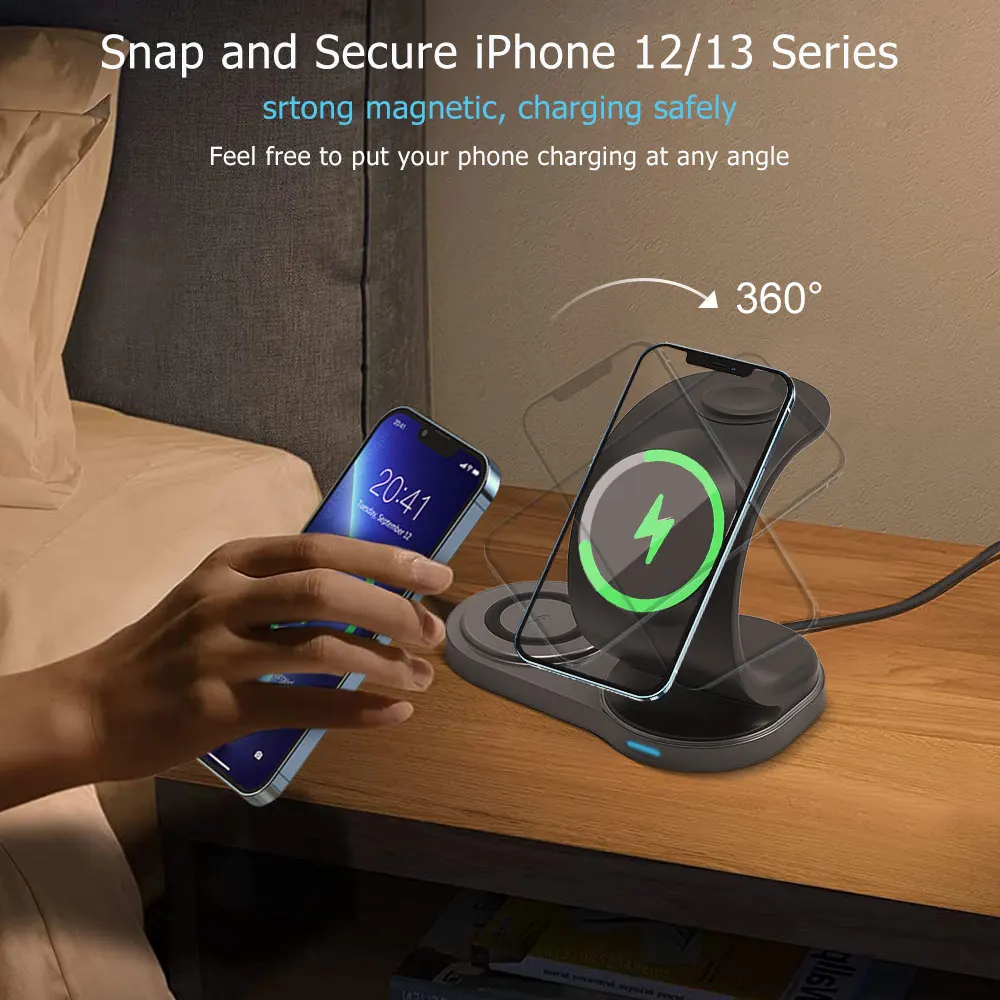 3 в 1 Магнитна безжична стойка за зарядно устройство за iPhone 13 12 Pro Max Mini 15W Qi станция за бързо зареждане за Apple Watch Airpod Pro 3