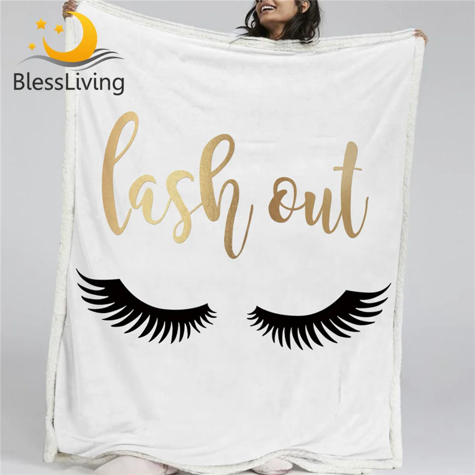 BlessLiving мигли одеяло злато и черен шерп фланела руно обратими одеяла сладък очи модел легло диван стилен легла