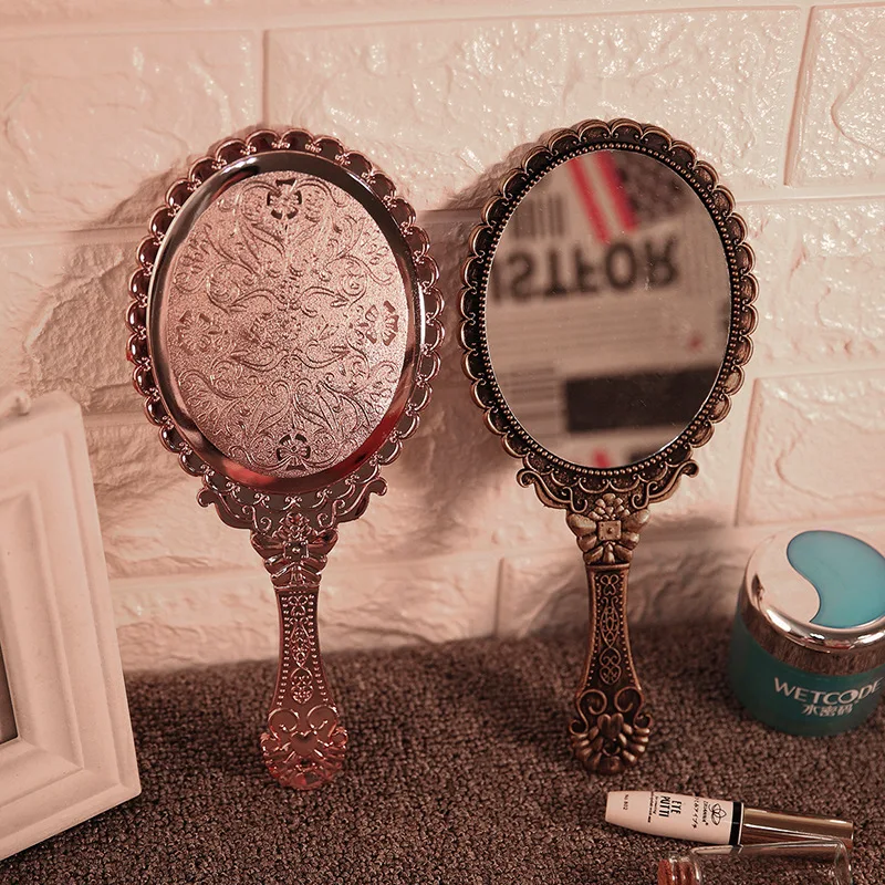 Handheld суета огледало реколта издълбани дръжка грим огледало преносим компактен козметични огледало за жени красота грим огледало