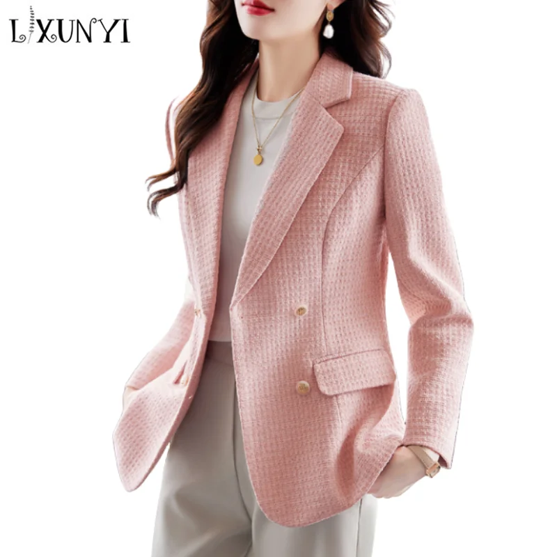 LXUNYI официално яке жени корейска мода есен дамски връхни дрехи дълъг ръкав тънък двуреден туид вълнен блейзър палто