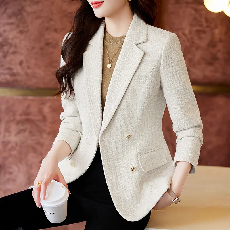 LXUNYI официално яке жени корейска мода есен дамски връхни дрехи дълъг ръкав тънък двуреден туид вълнен блейзър палто