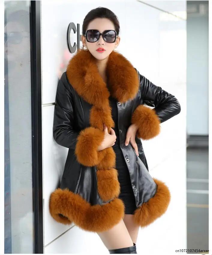 Дебело зимно палто Дамско кожено яке Женска Jaqueta De Couro Feminina Faux Fox Fur Collar PU кожени якета S-6XL