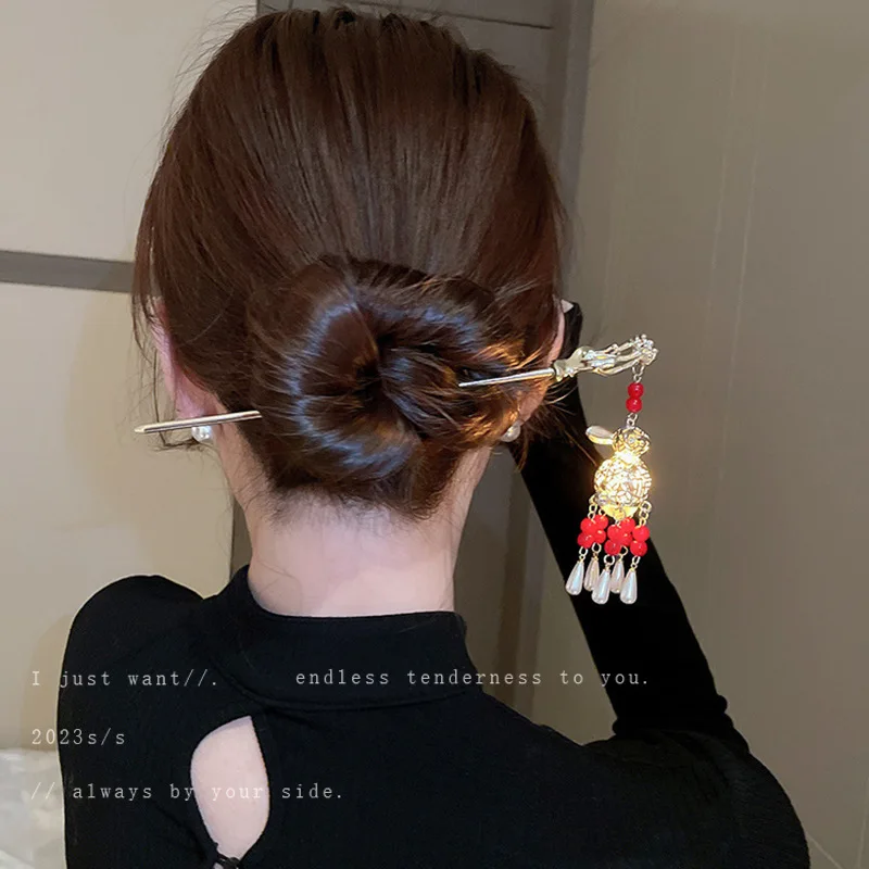 Китайски заек фенер щипка за коса щипки за коса пръчки за коса ханфу аксесоари за жени деца древен стил фиба коса вилица