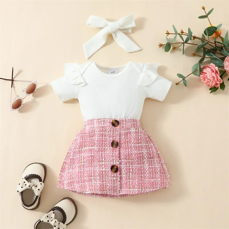 Малко дете бебе момиче летни дрехи къдри къс ръкав ританки карирана печат бутон пола лента за глава новородено момиче облекло