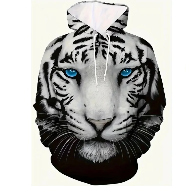 Мъжки 3D тигър графичен суитшърт, активен леко разтеглив дишащ суитчър с качулка за открито