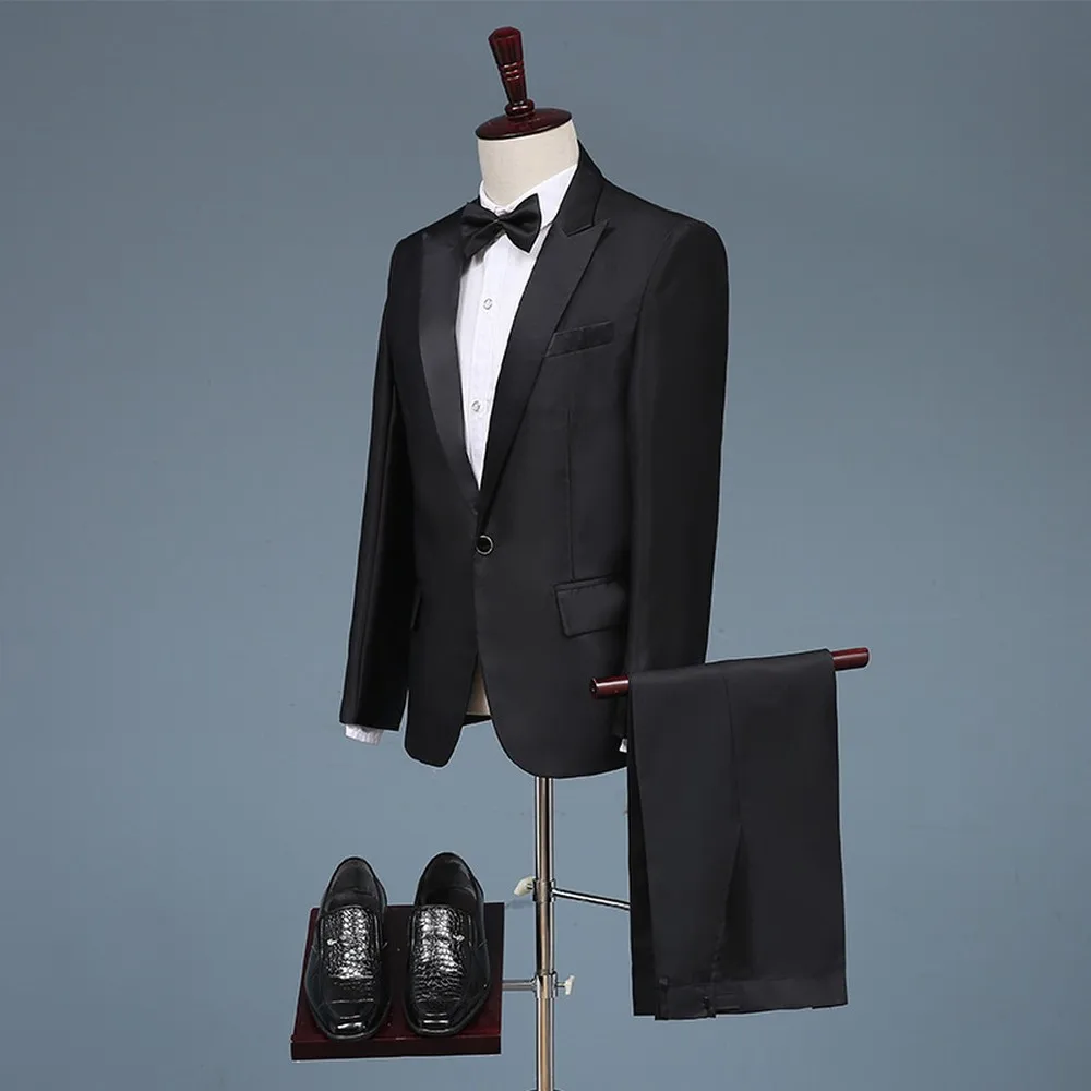 Нов черен смокинг младоженец Groomsman Бизнес костюм Сватбено тържество рокля Специални поводи Смокинг 2 парче комплект мъжки костюм якета панталони