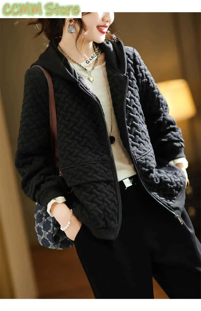 Ново палто с качулка Дамско яке с висока майка есен и зима Корейски пачуърк връхни дрехи с къс цип основно палто