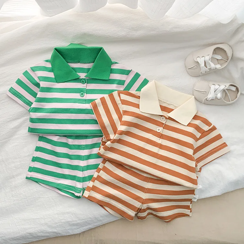 Новородено бебе дрехи момче случайни мода стил раирана тениска с къс ръкав костюм момиче бебе лято памук шорти костюм