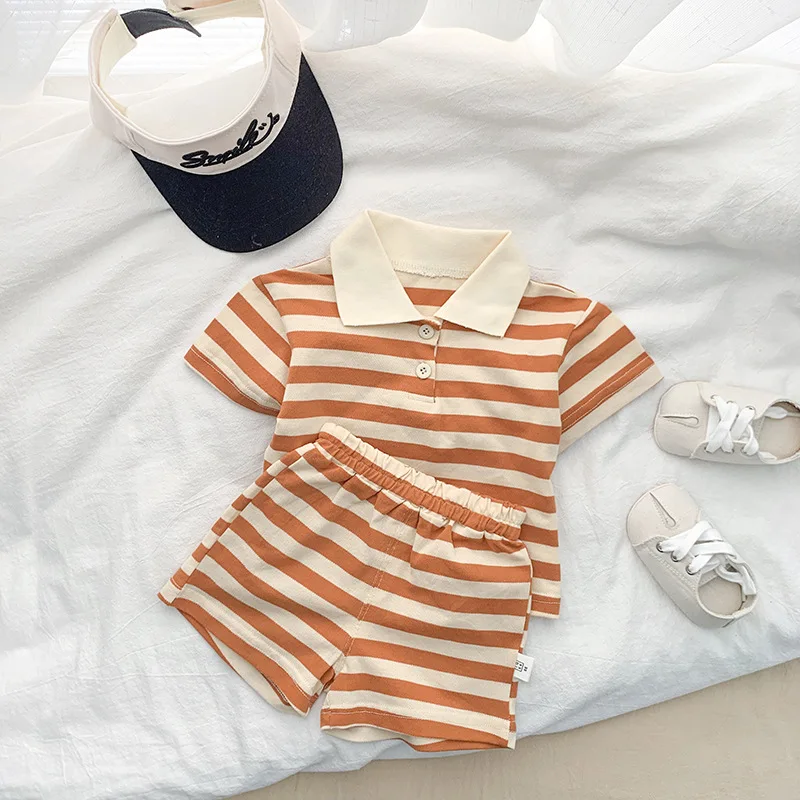 Новородено бебе дрехи момче случайни мода стил раирана тениска с къс ръкав костюм момиче бебе лято памук шорти костюм